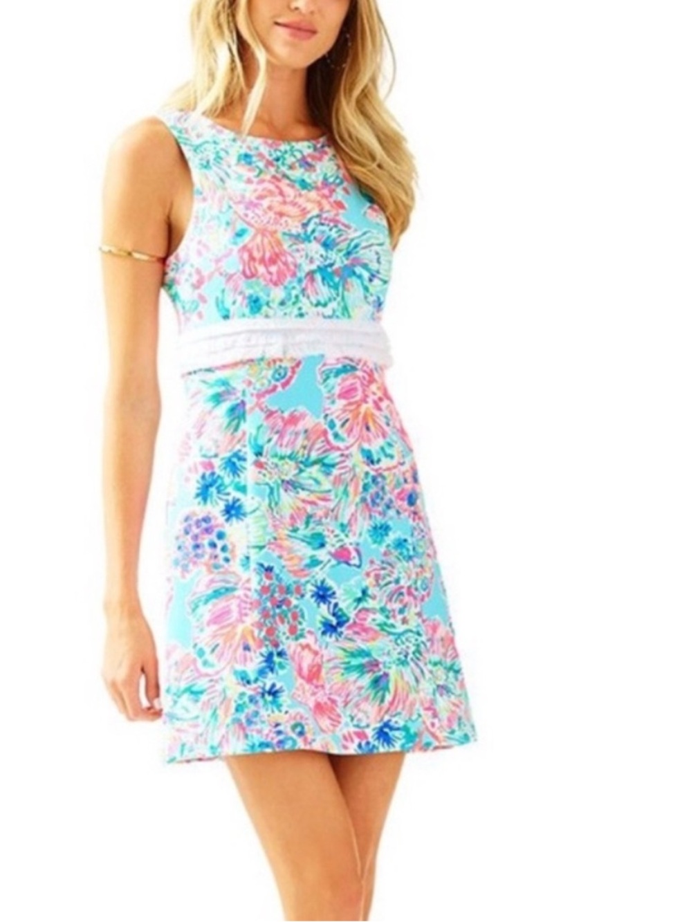Floral Sleeveless A-Line Dress in Aqua and Pink